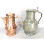 A 19th century French or Dutch 1.5ltr copper coffee pot and a 19th century Dutch pewter picture