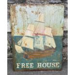 A vintage double sided hand painted rectangular public house/inn sign, with galleon in full sail