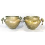 Two old Indian bronze bowls with elephant head ring handles, 19.5cm high x 21cm diameter
