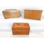 A 19th century oak sarcophagus tea caddy, mahogany tea caddy and a simple oak box with a hinged lid.