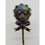 Novelty Victorian carved labradorite stick pin in the form of a grandmother monkey, with rose cut