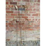 Eight weathered steel ornamental shepherds crook garden border stakes, two sizes, the larger 159cm