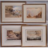 English School, 19th Century - Watercolours depicting landscapes with figures by the water, all