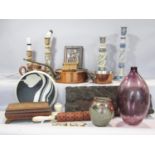 A mixed collection of items including a wooden Damask wallpaper printers block, a rubber rolling pin