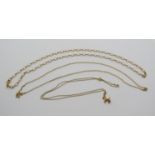 Three 9ct chain necklaces; one with poodle charm / pendant, 7.8g total