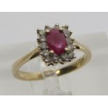 9ct ruby and diamond cluster ring, size M/N, 2.4g