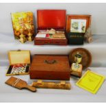 A miscellaneous collection of items including a Burmese lacquered red incised box with gilders