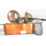 Miscellaneous collection of items including a copper based tray, a mediaeval relief battle scene (