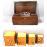 19th century rosewood tea caddy with two rosewood caddy and cut glass mixing bowl, (not original)