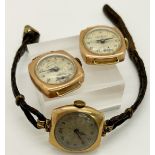 Three 9ct gold ladies wristwatches, two lack straps