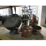 A collection of 19th century and other copper and brass including two companion sets, two coal