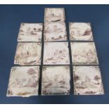 Ten 18th century manganese tiles with character and landscape detail