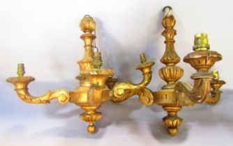 Two similar Regency style gold finished three and four branch ceiling lights, with acanthus leaf
