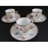 Miscellaneous collection including three Dresden cups and saucers with wrythen fluted panels, floral