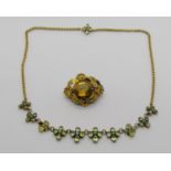 Two pieces of 19th century yellow metal jewellery; a chrysoberyl and turquoise cluster necklace with