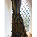 One pair curtains in regency stripe (teal, gold and navy) with tassel detail, lined with pencil