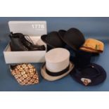 A collection of hats including 2 bowler hats, a grey top hat, together with a pair of Debenhams '