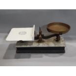 A Victorian shop balance scale with timber and marble base, ceramic pan, etc, Yandell & Son