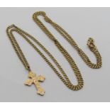 Long 9ct chain necklace with engraved 9ct cross pendant, 7.8g