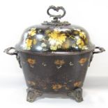 A Victorian black toleware coal bucket with painted gold vine and white flower decoration to lid and
