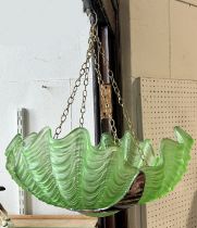 An art Deco chrome and green frosted glass four segment scalloped ceiling light shade (cracked to