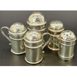 Six miniature Birmingham silver salt and pepper pots in the form of Victorian flour sifters, mixed