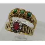 Two vintage 9ct rings; an antique style turquoise example and a ruby and diamond cluster example,