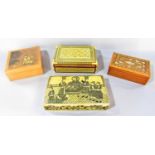 A variety of four cigarette boxes; a Syrian bone and mother-of-pearl; and an ivory effect mogul box;