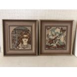 Two Tapestries Depicting Venetian Harlequins, in polychrome wool, 50 x 47 cm, framed as a pair (2)