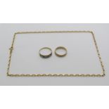 Group of 9ct jewellery comprising a chain necklace, a wedding ring and a CZ ring, 8g total (3)