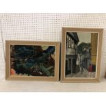 20th Century School - two paintings: abstract study, watercolour on board; Street scene with