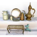 A mixed selection of metalware including a small milk churn, a silver plate drinks tray, Arts &