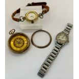 A vintage Omega ladies wristwatch, an Ilona ladies wristwatch, and a 9ct gold fob watch (af)