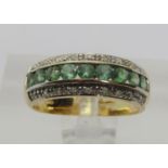 9ct emerald and diamond half hoop ring, size N, 2.8g