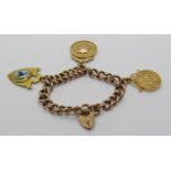 Bowling interest - 9ct curb link bracelet with heart padlock clasp, hung with three 9ct medals