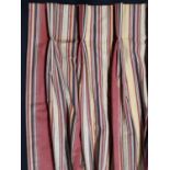 One pair extra long heavy curtains in a regency stripe, lined and thermal lined with triple pleat