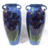 A pair of Torquay ware oviform vases with scrolled handles and hand painted iris pattern detail