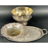 A quantity of silver plate items including, an oblong cake tray with a handle, platters, a centre