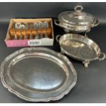 A large Georgian style silver plated tureen with cover raised on claw feet, an oval tray and an oval