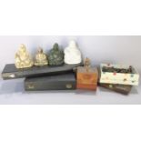 A miscellaneous collection of items a novelty duck cigarette dispenser, a miniature set of brass