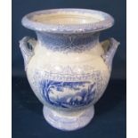 Large 19th century urn shaped ewer with blue and white printed panels entitled Gipsy showing