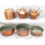 Vintage kitchen copper ware to include two jelly moulds, 26cm diameter, three graduated saucepans