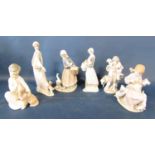 Six Lladro figures to include three girls with farmyard animals, a shepherd boy and character with
