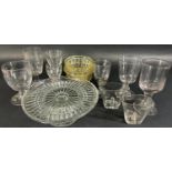 A selection of seven 19th and 20th century wine and ale glasses, two glass jelly moulds and a pair