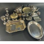 A mixed selection of silver plate including tea and coffee pots, fruit bowl, tray, candlesticks, tea