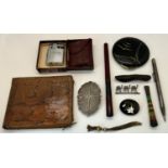 19th century treen shoe, monogrammed EW, vintage Ronson lighter, powder compact, lizard skin and