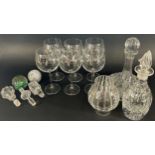 A boxed set of six Dartington Gym Coppa Party Glasses, a ships decanter, a further decanter, lotus