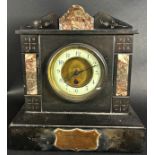 A Victorian black slate and marble mantle clock, the case of architectural form enclosing an eight