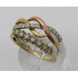 Two modern 9ct diamond rings to include a tri-colour example, 3.8g total
