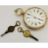 An 18k fob watch with enamel dials, the case with engraved detail